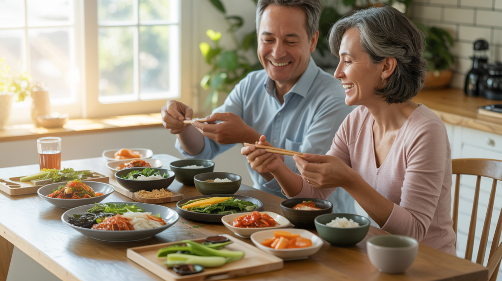 Middle-aged couple enjoying healthy Korean food together at a cozy kitchen table, smiling and sharing a meal.